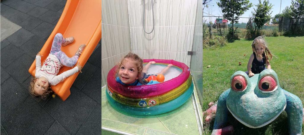 Три снимки на Алекс как се пързаля в парка, след детската градина, как при лошо време след детска градина си прави басейн в банята, как язди в парка голяма жаба