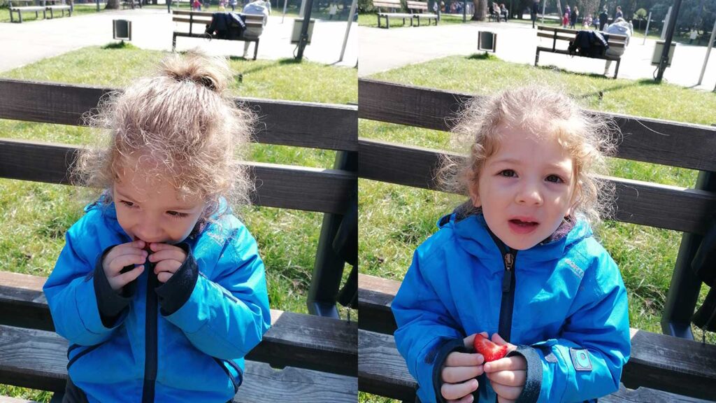 Алекс си хапва вкусна, но кисела ягодка в парка, след детска градина